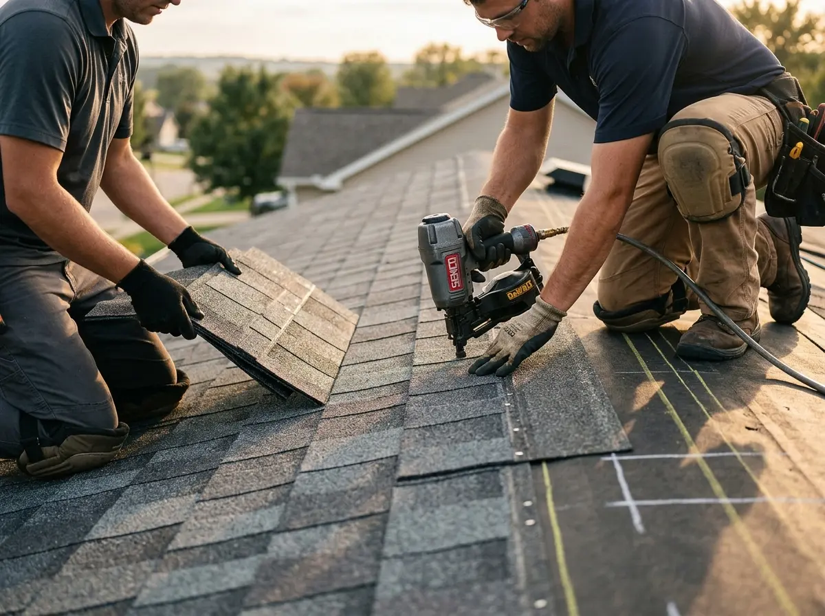 Professional roofer working on a residential roof in North Huntingdon